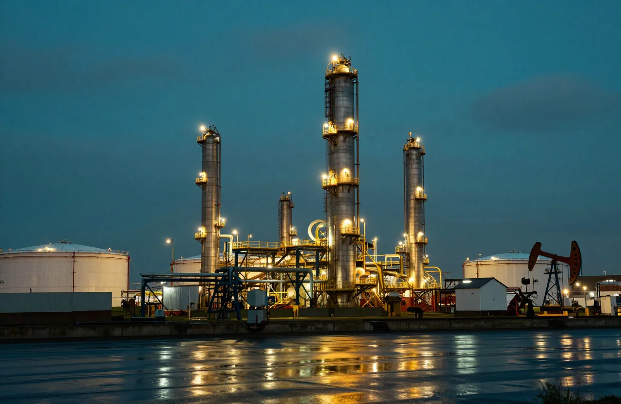 Energy terminal illuminated at dusk